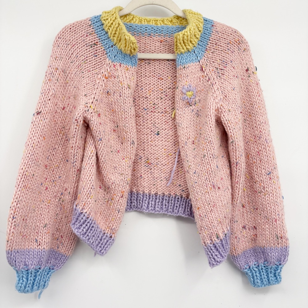 Handmade Womens Pastel Speckled Chunky Knit Kawaii Cropped Cardigan One Size